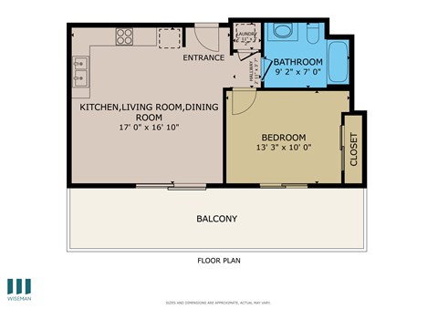 A floor plan of a home with a kitchen, living room, dining room, bathroom, bedroom, and balcony.